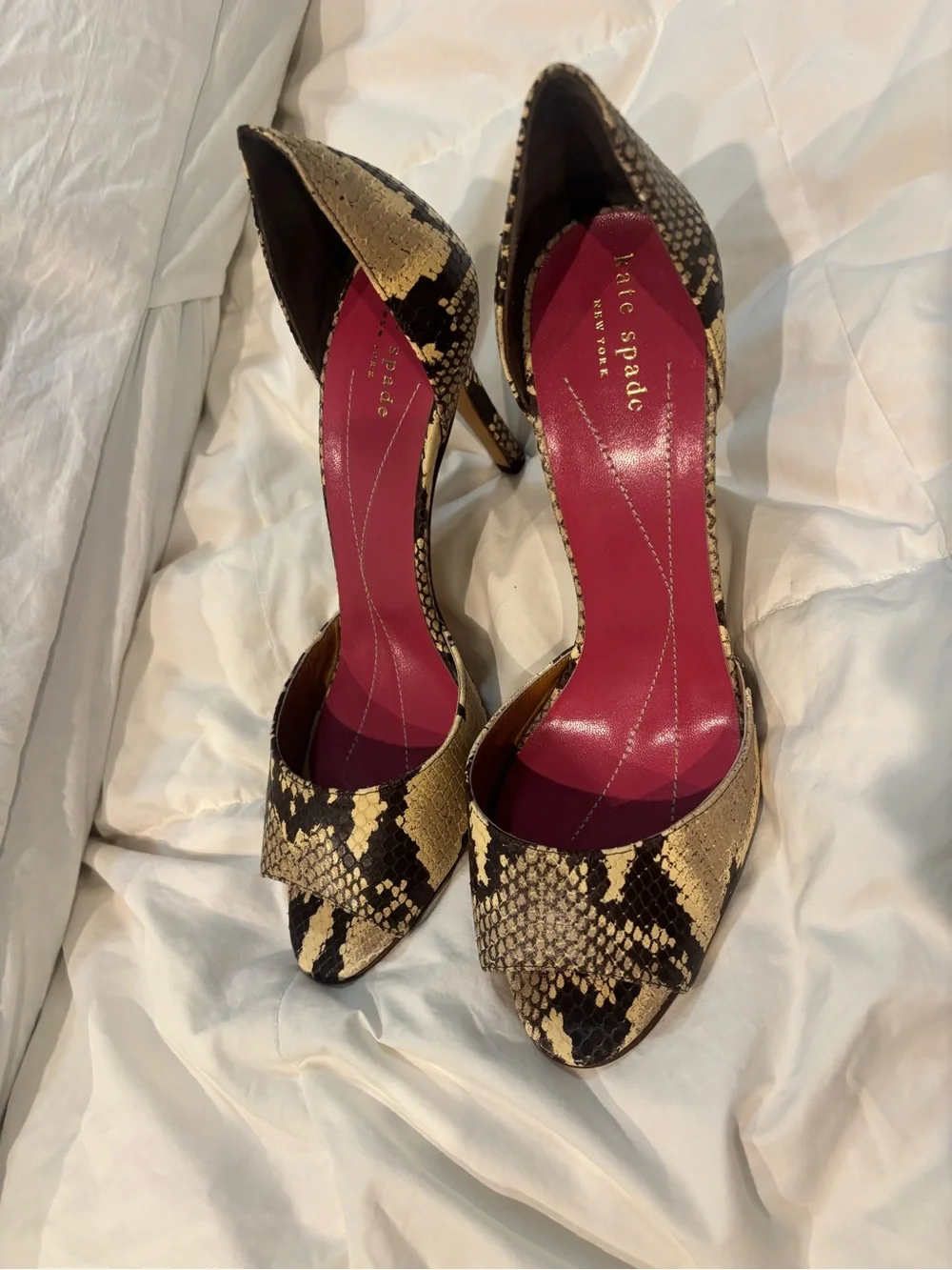 kate spade Snake-Print Peep Toe Heels with Pink Insole